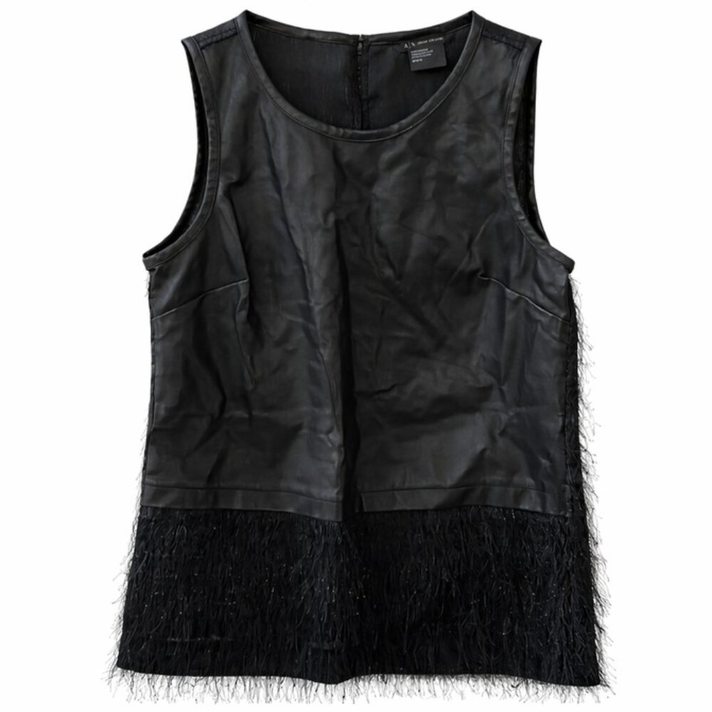 Armani Exchange Black Faux Leather Sleeveless Tank Top Eyelash Fringe Hem Medium